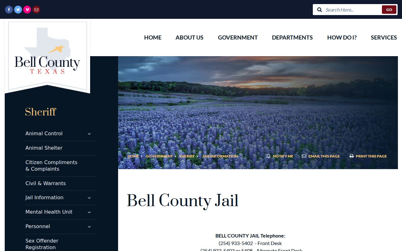 Bell County residents directory Sheriff jail information page