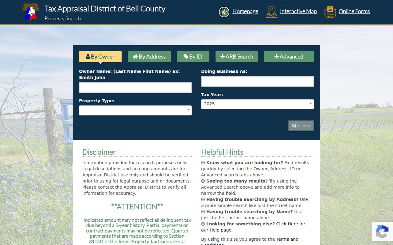 Bell County residents directory Bell CAD property search controls