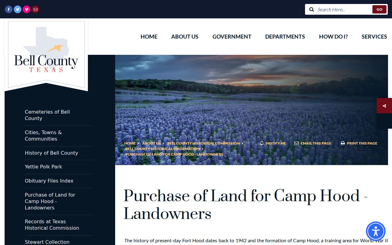 Bell County previous residents Camp Hood landowner history