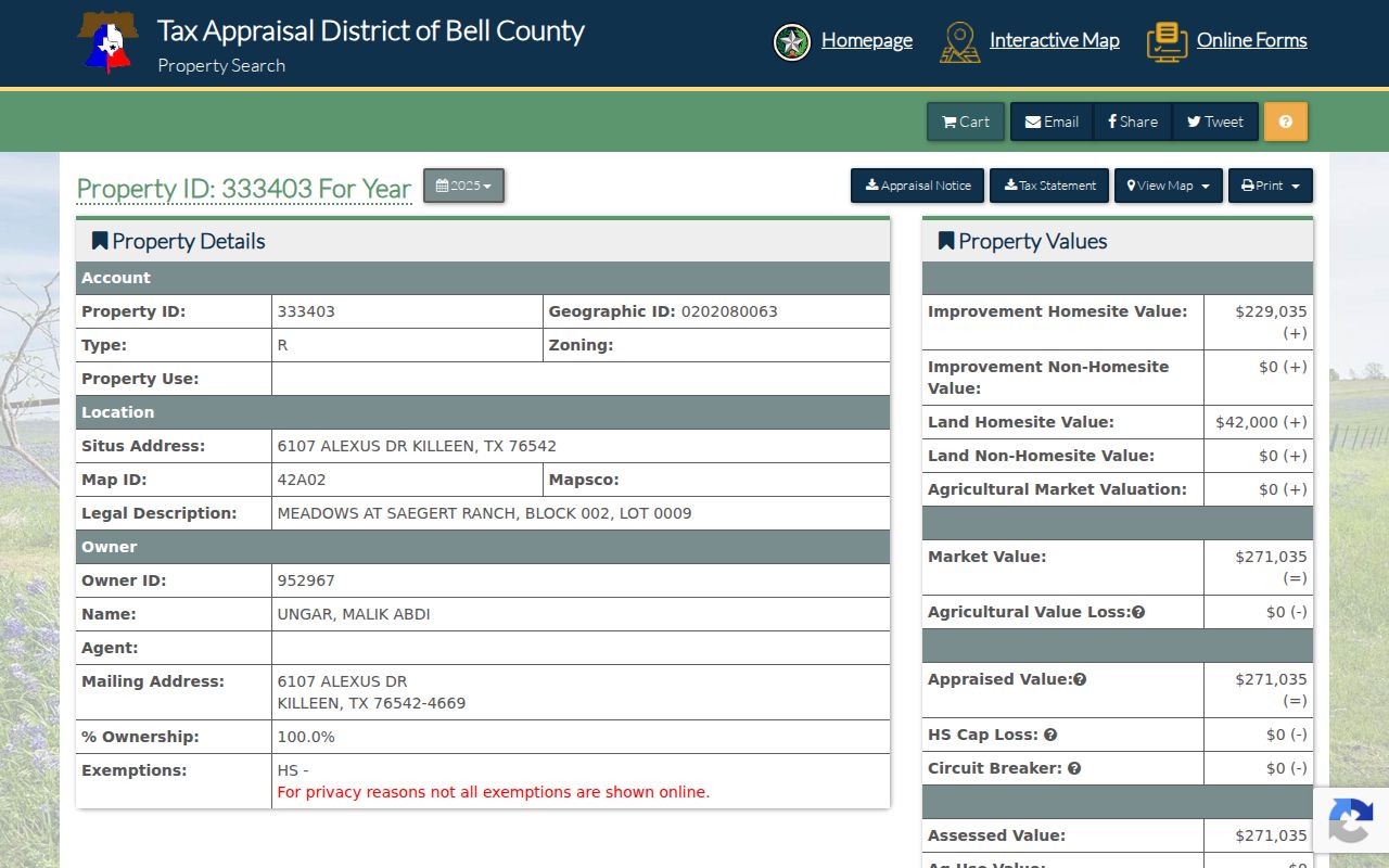 Bell County street directory sample Bell CAD parcel card